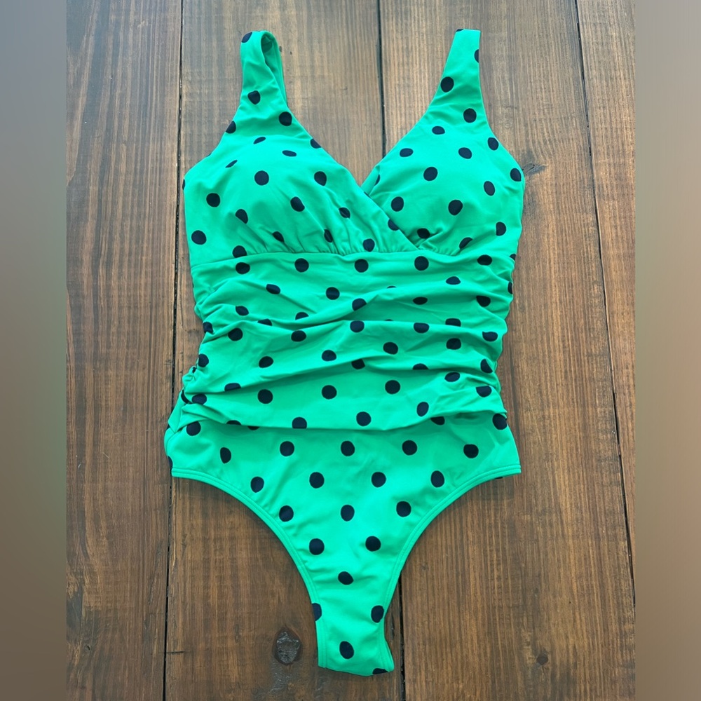 Boden Women’s One Piece Swimsuit - Green and Navy Polk-a-dot - Size 10R